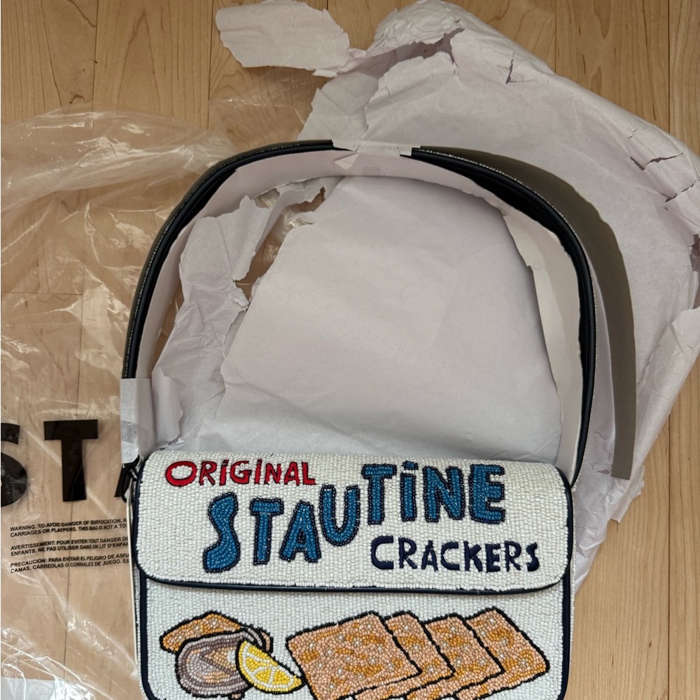 STAUD Original Crackers Embroidered White and Blue Shoulder Bag - Picture 4 of 6